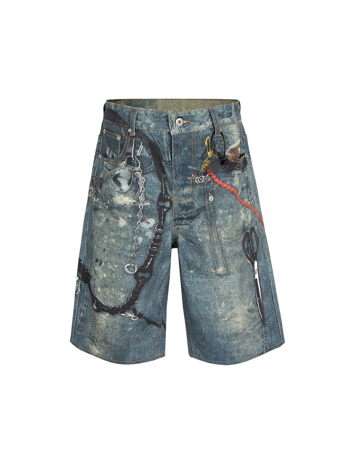 Retro Scissors Print Cropped Denim Shorts