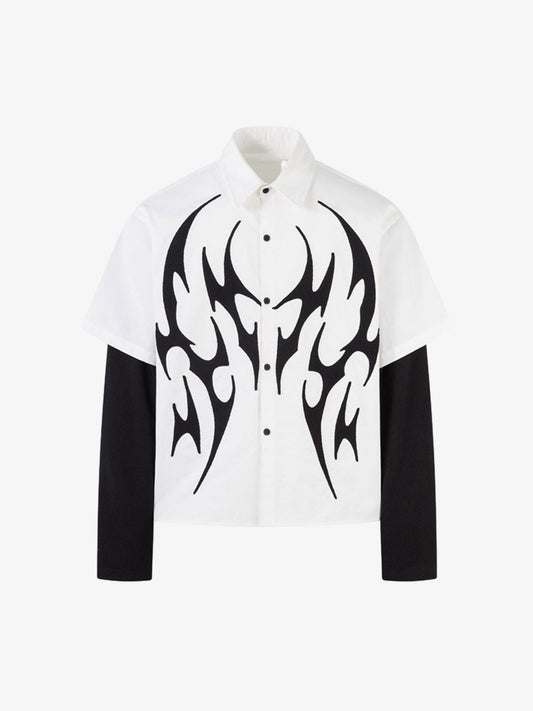 Cotton Blend Short Sleeve Shirt with Black Flame Print Long Sleeve Insert, Stylish Contrast Design for Men and Women 