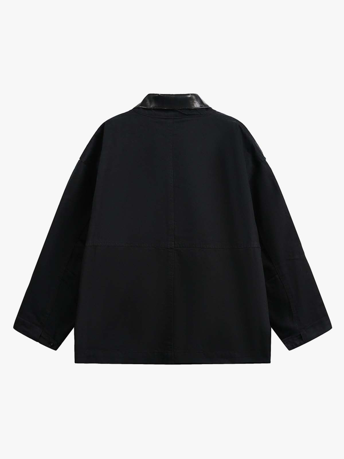 Leather Contrast Fold-Over Collar Multi Pocket Jacket