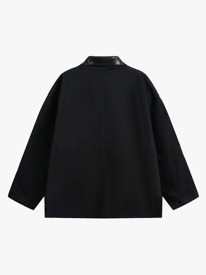 Leather Contrast Fold-Over Collar Multi Pocket Jacket