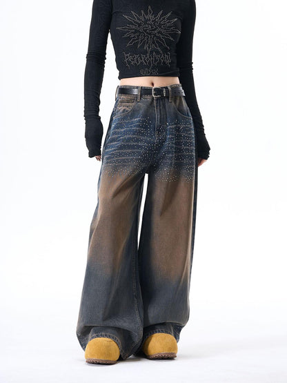 Gradient Wash Wide-Leg Jeans with Rhinestone Accents 