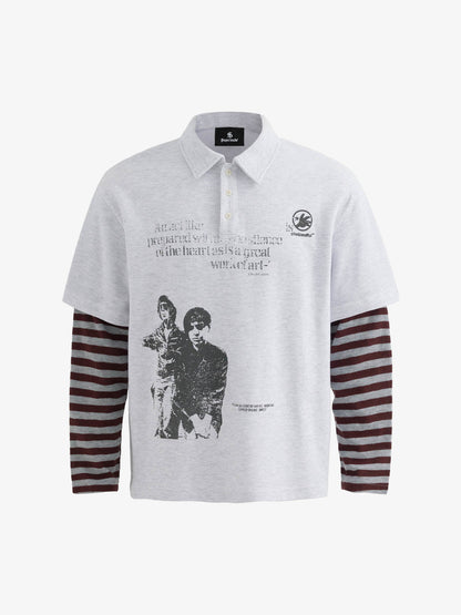 Stylish Black Polo Shirt with Striped Sleeves and Graphic Design 
