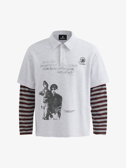 Stylish Black Polo Shirt with Striped Sleeves and Graphic Design 