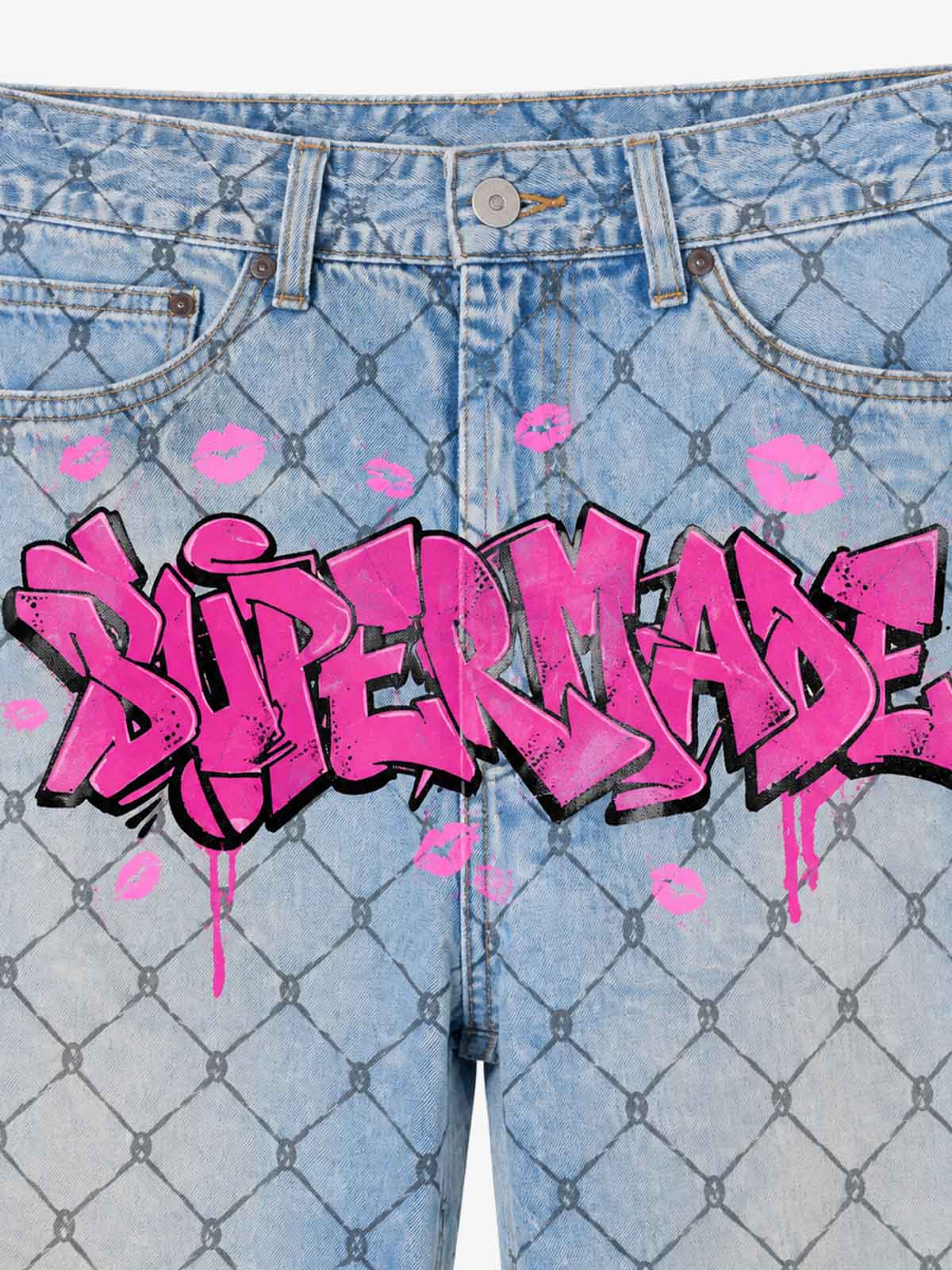 Barbed Wire Graffiti Washed Straight-Leg Jeans