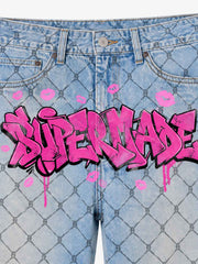 Barbed Wire Graffiti Washed Straight-Leg Jeans