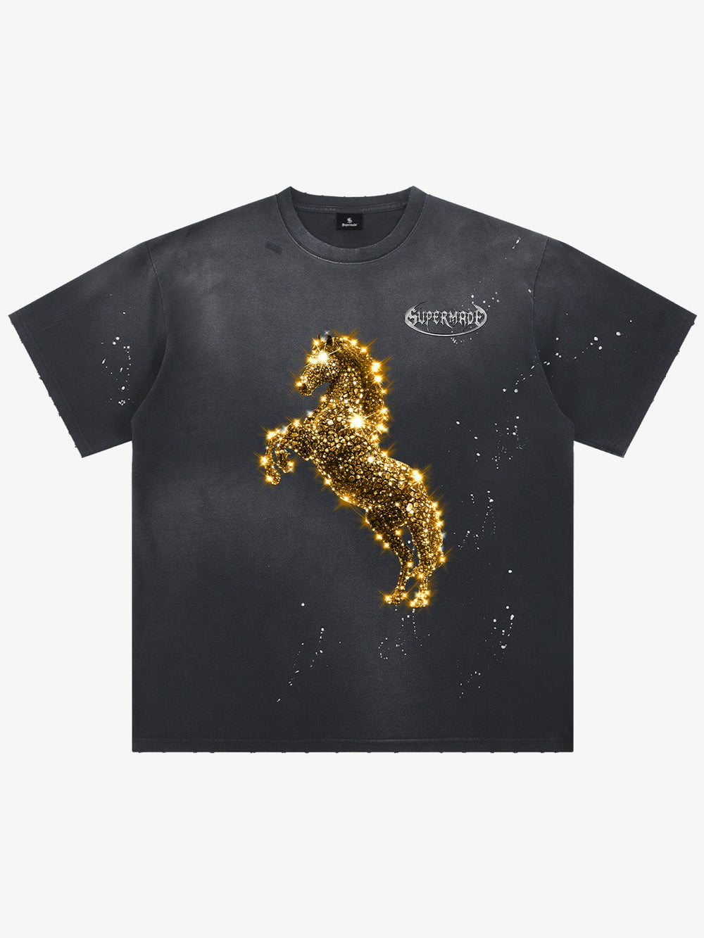 Vintage Wash Glitter Horse Pattern Splash Ink T-Shirt 