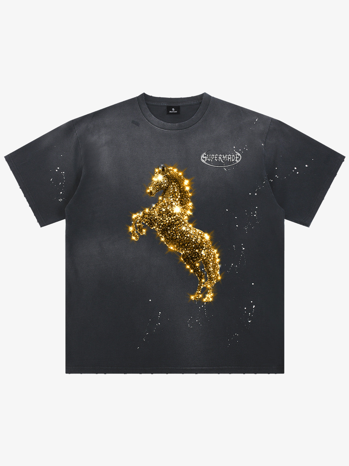 Washed black oversized T-shirt with a glitter-effect horse graphic and splash marks