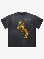 Vintage Wash Glitter Horse Pattern Splash Ink T-Shirt 