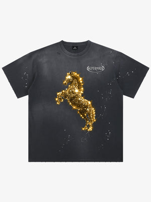 Unisex Washed Ink Blending Dual Color Cotton Horse Year Embroidered Diamond Horse Element Pattern Short-Sleeve T-Shirt 