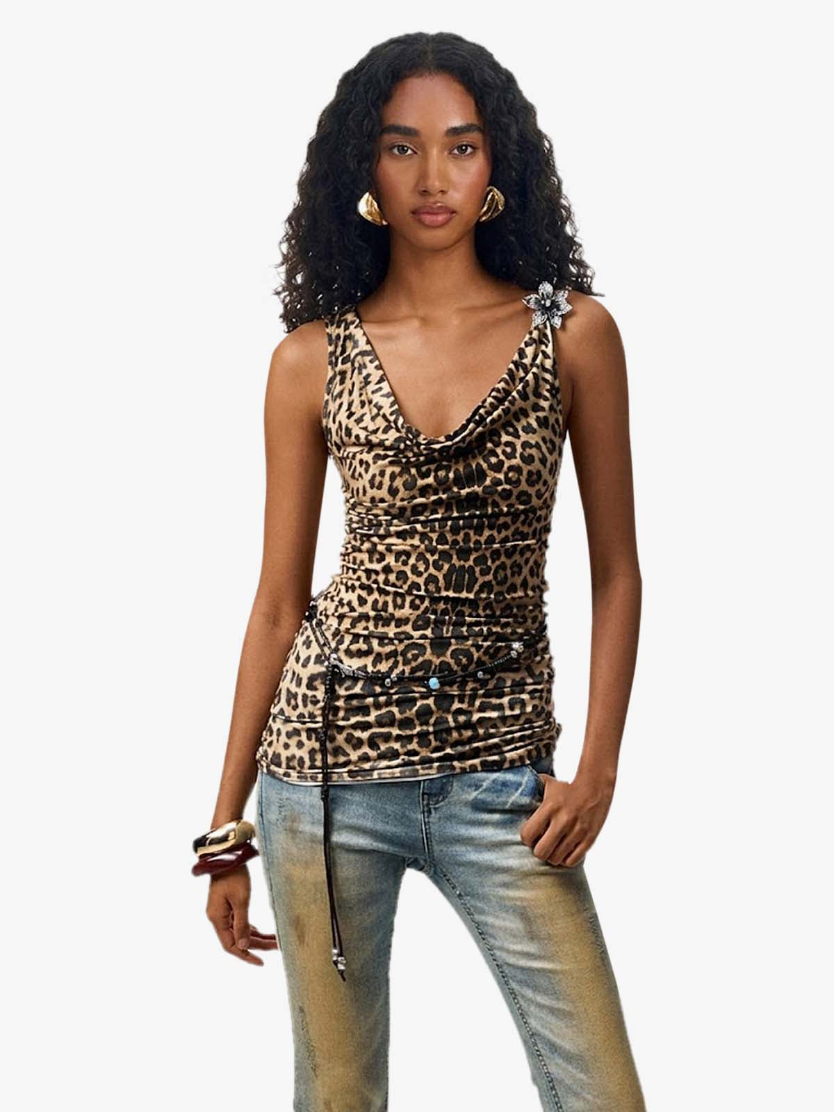 Leopard Cowl Neck Tie-Back Backless Vest