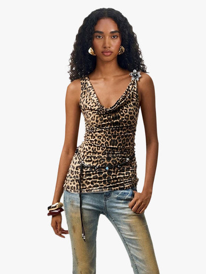 Leopard Cowl Neck Tie-Back Backless Vest