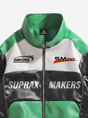 Asymmetric Racing Graphic Color Block Faux Leather Jacket