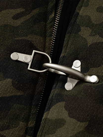 Camouflage Hooded Jacket with Distressed Details and Toggle Closure 