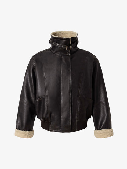 Vintage Shearling Collar Quilted Leather Jacket 