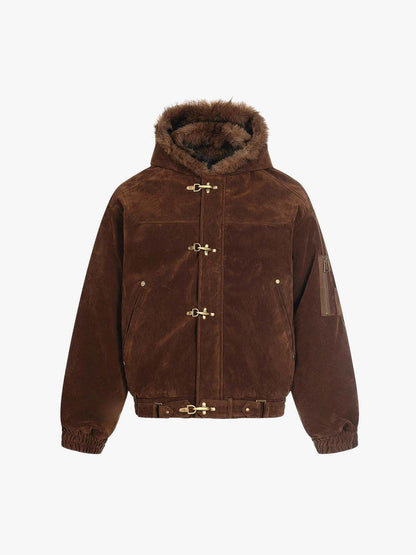 Retro Fur Collar Suede Toggle Closure Padded Bomber Jacket 