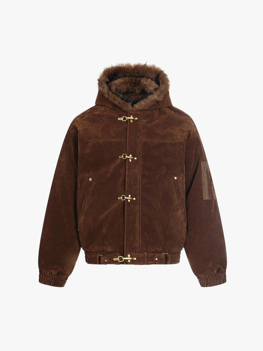 Retro Fur Collar Suede Toggle Closure Padded Bomber Jacket 