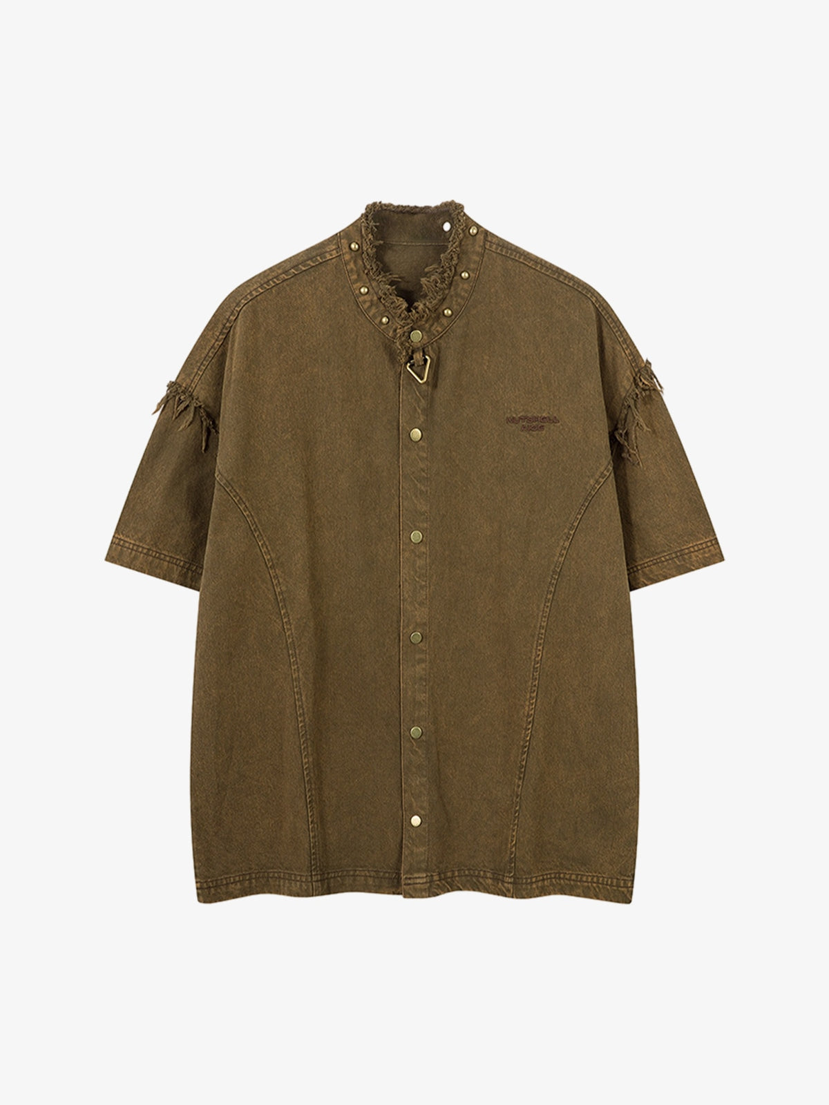 Rivet Deconstructed Split Stitching Denim Short-sleeved Shirt 