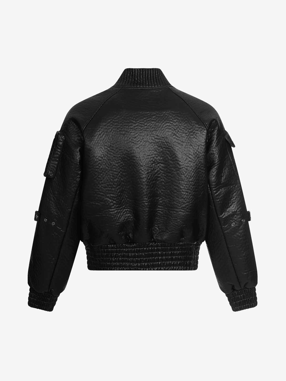 Street Functional PU Leather Panel Workwear Pocket Bomber Jacket 