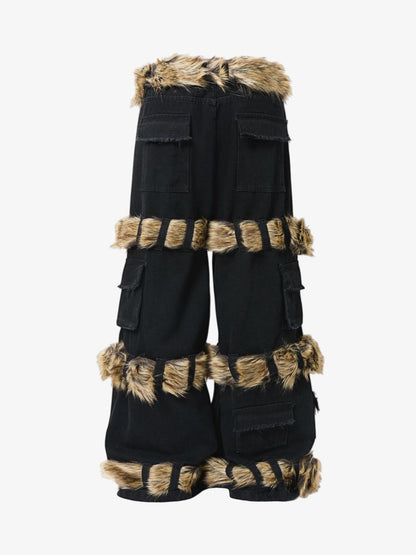 Faux Fur Trimmed Black Cargo Pants with Wide Leg and Multiple Pockets 