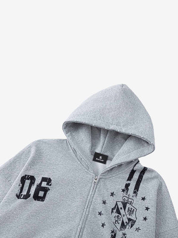 Distressed Badge Graphic Zip-Up Hoodie