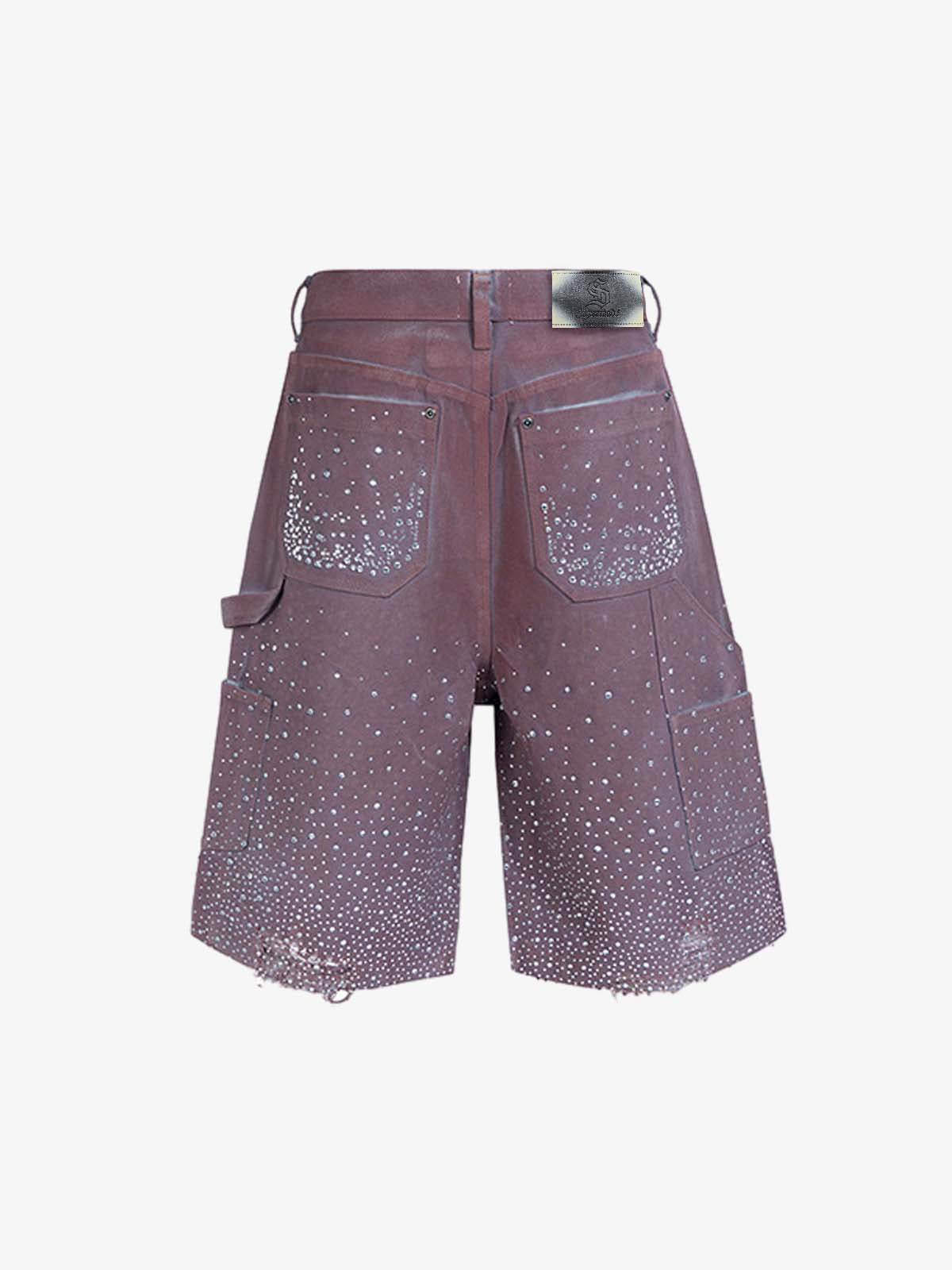 Studded Denim Cargo Shorts for Men with Rhinestone Embellishment, Fashionable Streetwear Style, Distressed Hem Design 