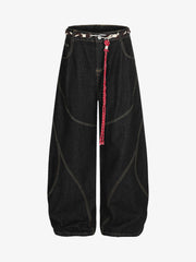 Denim Retro Belt Detail With Patchwork Barrel Jeans - 2490 