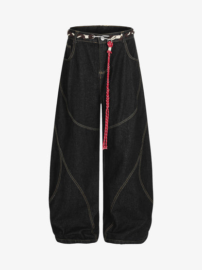Wide-Leg Denim Trousers with Unique Braided Belt Detail 