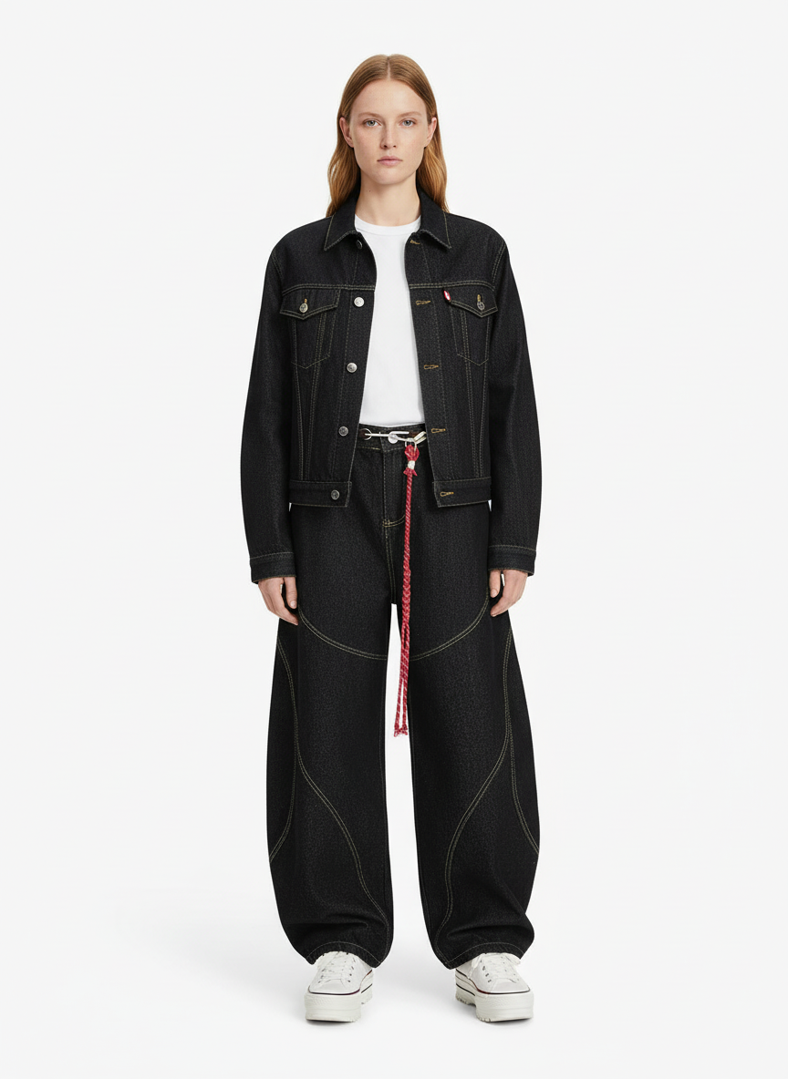 Denim Retro Belt Detail With Patchwork Barrel Jeans - 2490 