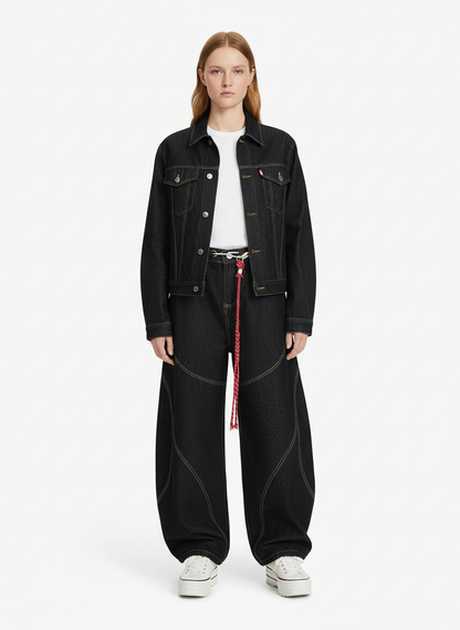 Denim Retro Belt Detail With Patchwork Barrel Jeans - 2490 