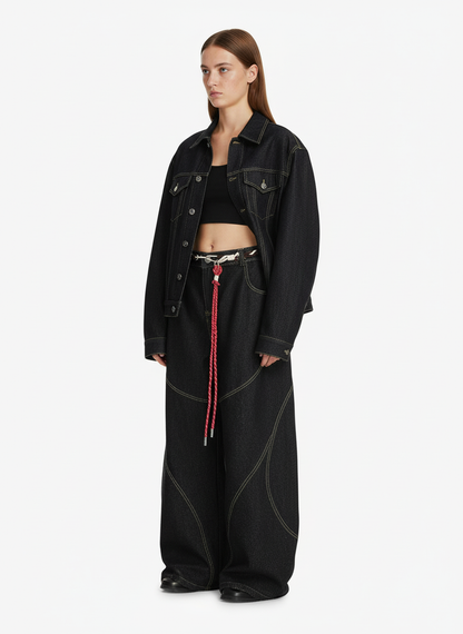 Denim Retro Belt Detail With Patchwork Barrel Jeans - 2490 