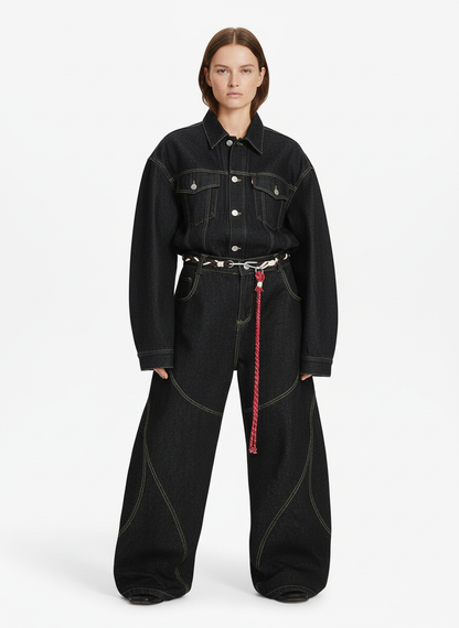 Denim Retro Belt Detail With Patchwork Barrel Jeans - 2490 