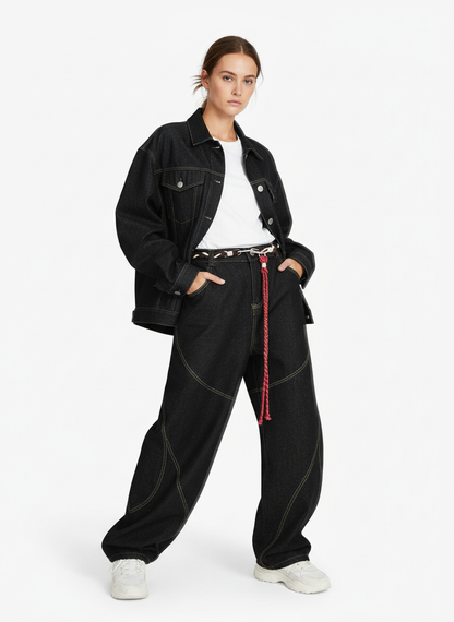 Denim Retro Belt Detail With Patchwork Barrel Jeans - 2490 