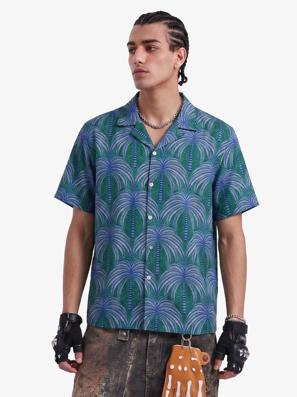 Teal Palm Leaves Camp Collar Boxy Shirt 
