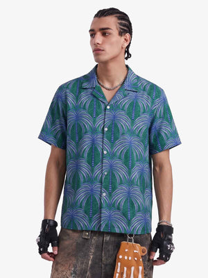 Teal Palm Leaves Camp Collar Boxy Shirt 