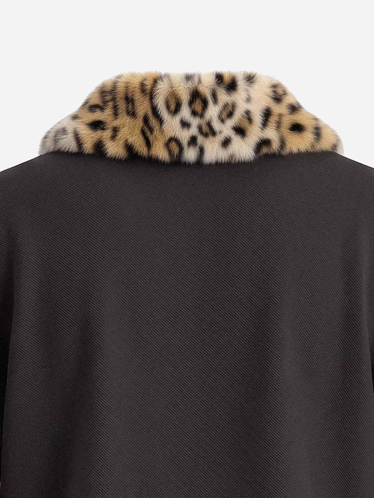 Leopard Fur-Collar Layered Distressed Long Sleeve Polo