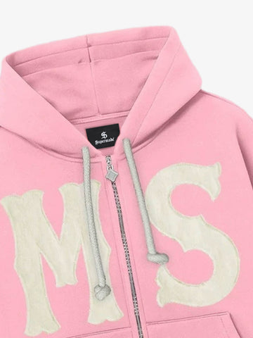 Letter Flocked Hooded Cardigan Sweatshirt