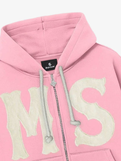 Letter Flocked Hooded Cardigan Sweatshirt