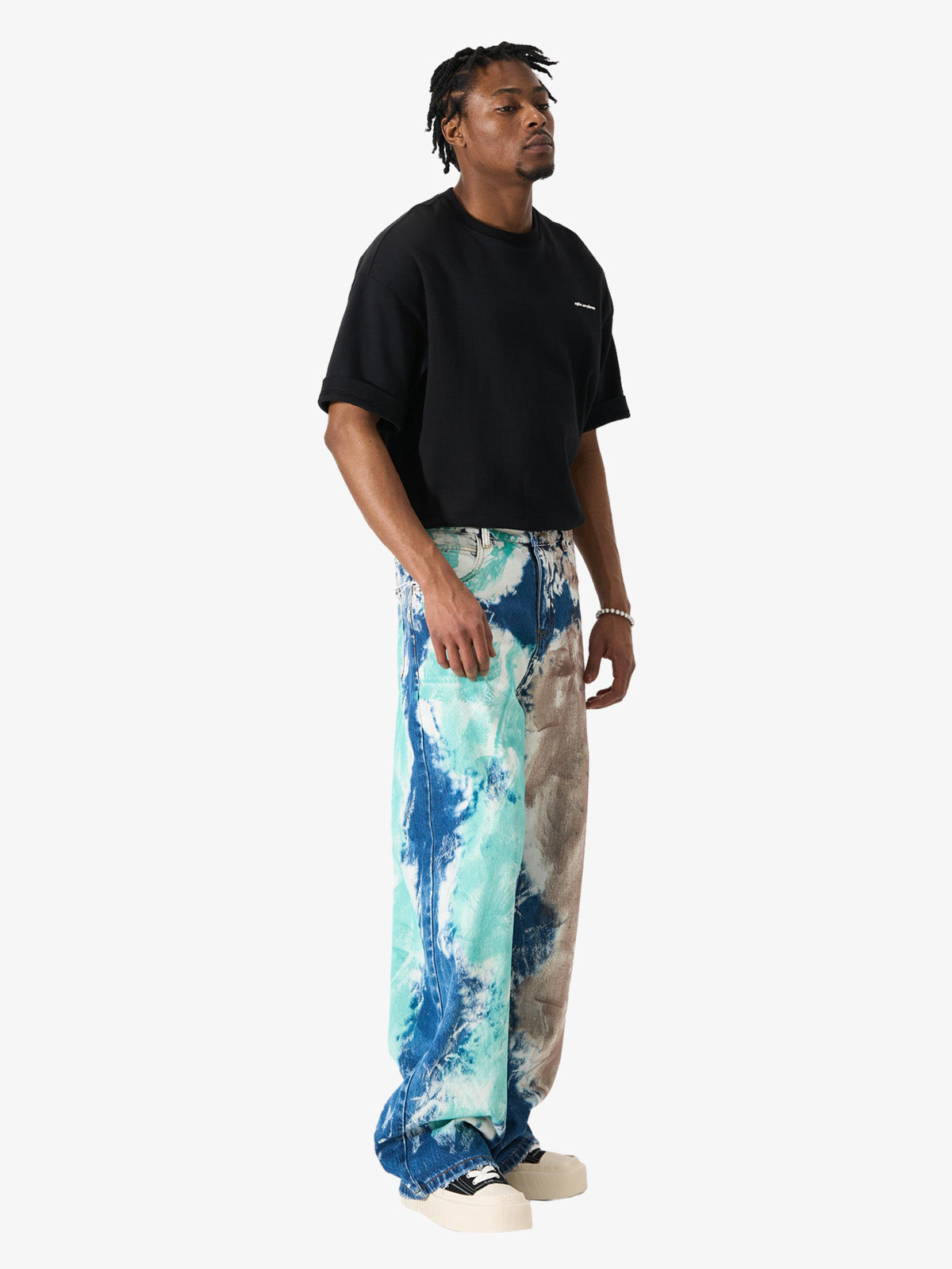 Denim Tie-Dye Wide Leg Jeans with Blue Green and Beige Patterns 