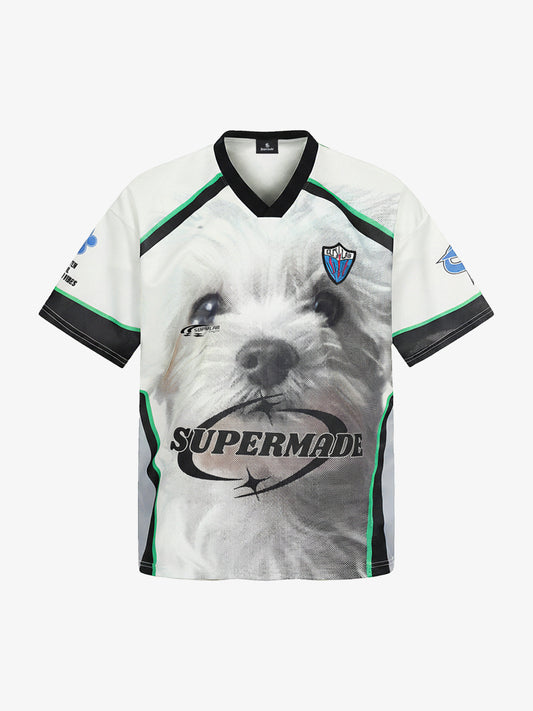 Polyester Supermade Dog Print V-Neck T-Shirt with Graphic Design for Men 