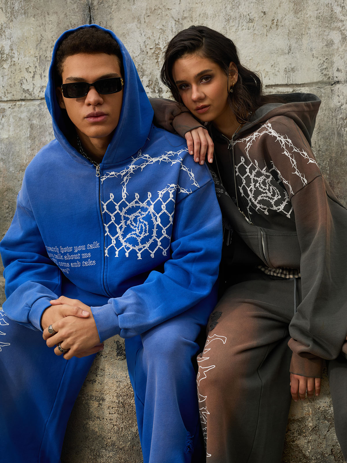 Supermade Vintage Distressed Print Patchwork Sweatshirt Set 