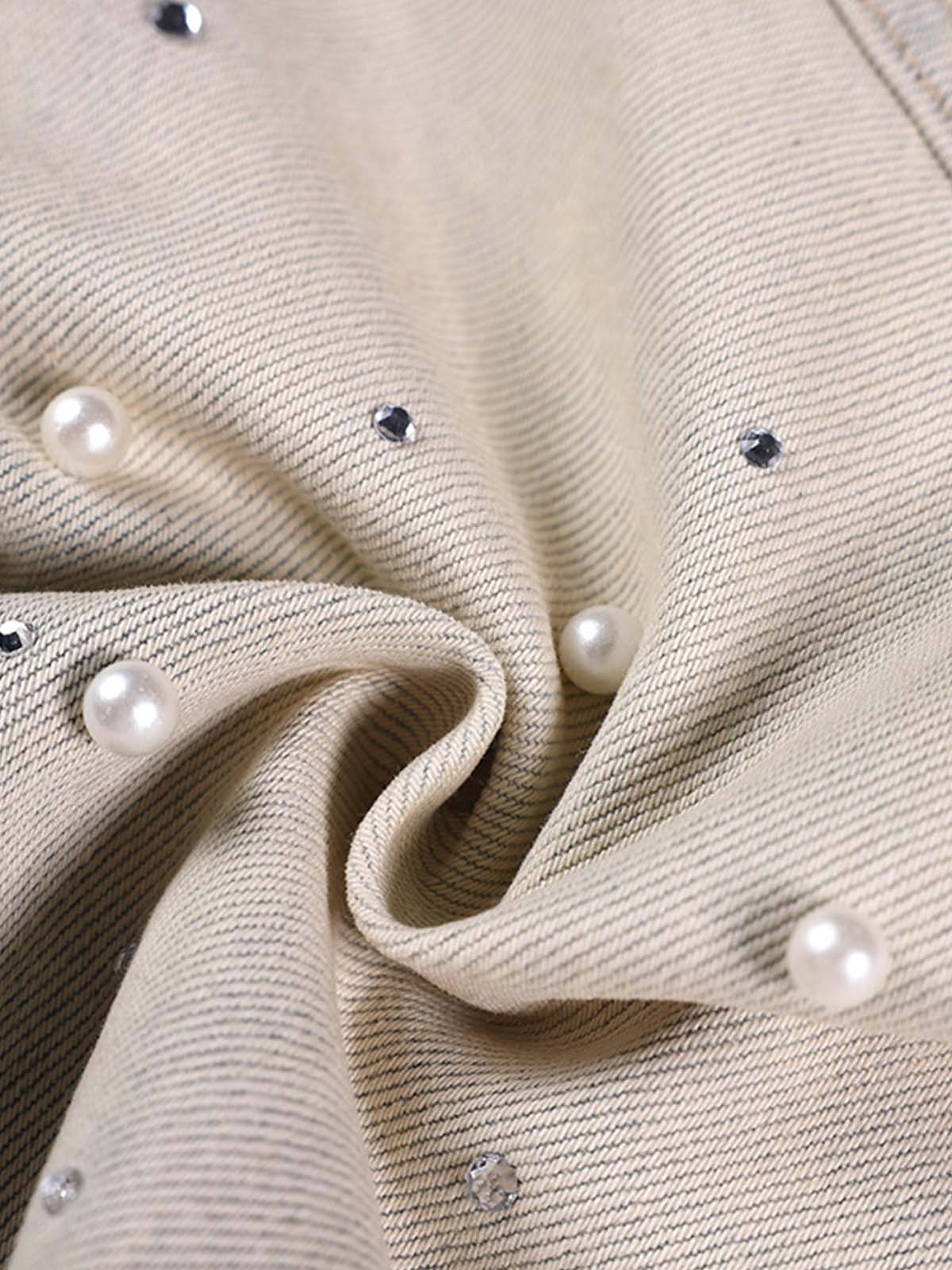 Pearl Embellished Light Wash Denim Shorts 