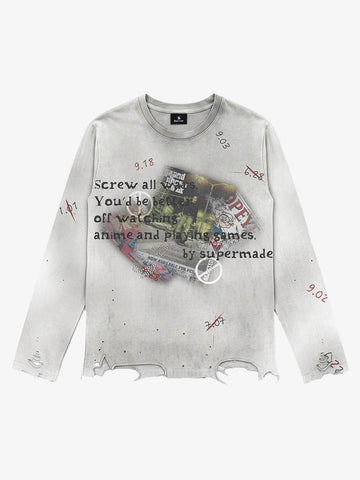 Rhinestone Graphic Dyed Long Sleeve Tee