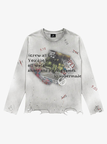 Rhinestone Graphic Dyed Long Sleeve Tee