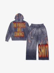 Flame-Wash Distressed Zip Hoodie & Wide-Leg Sweatpants Set