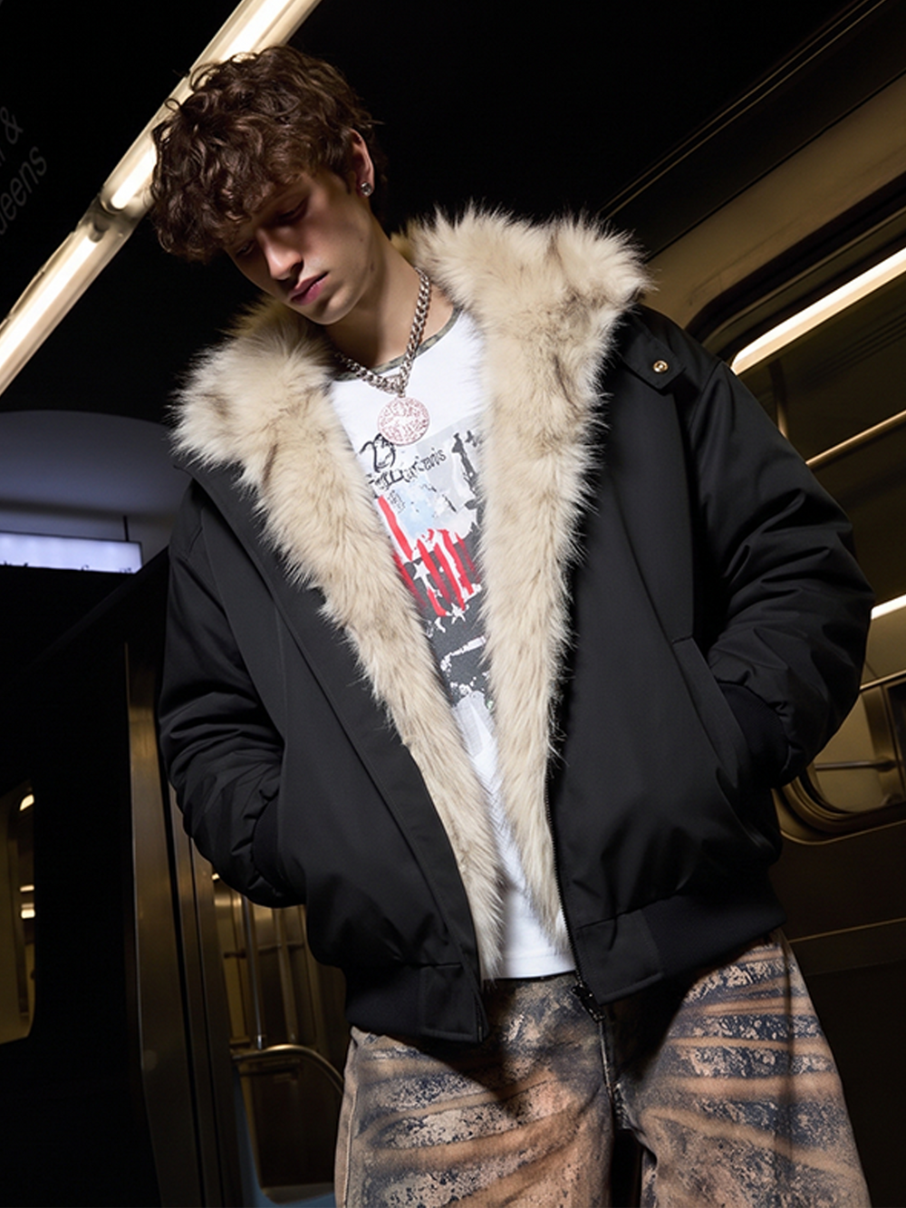 Faux-Fur Collar Zip Bomber Coat