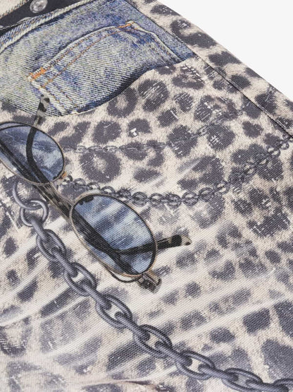 Vintage Leopard 3D Print Double Waistband Washed Jeans 