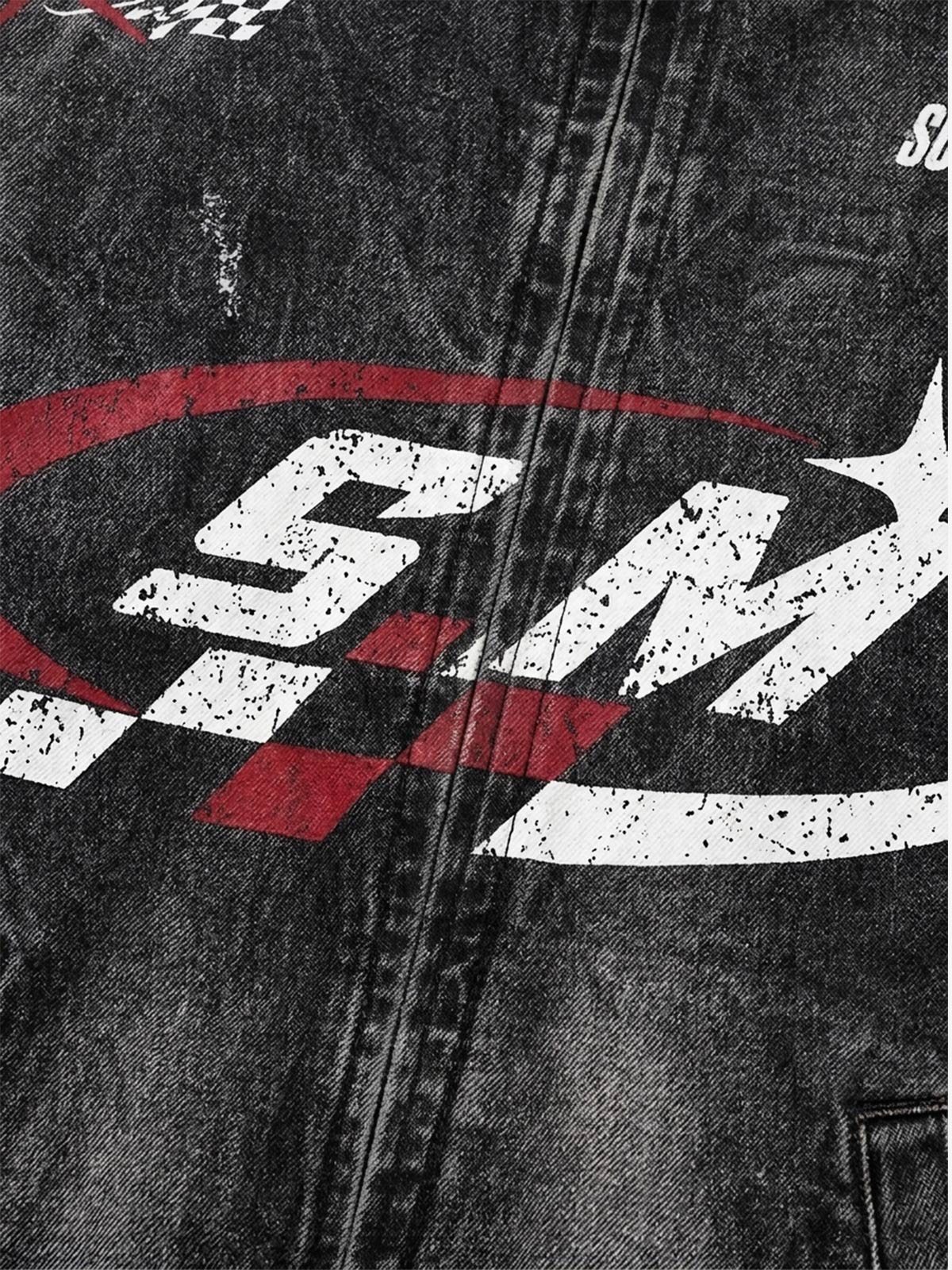 Washed Denim Racing Graphic Print Varsity Jacket
