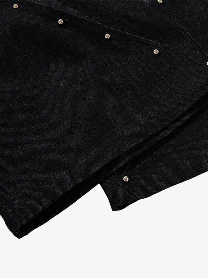 Black Denim Jacket with Croc-Embossed Trim – Metal Snap Button Streetwear Jacket