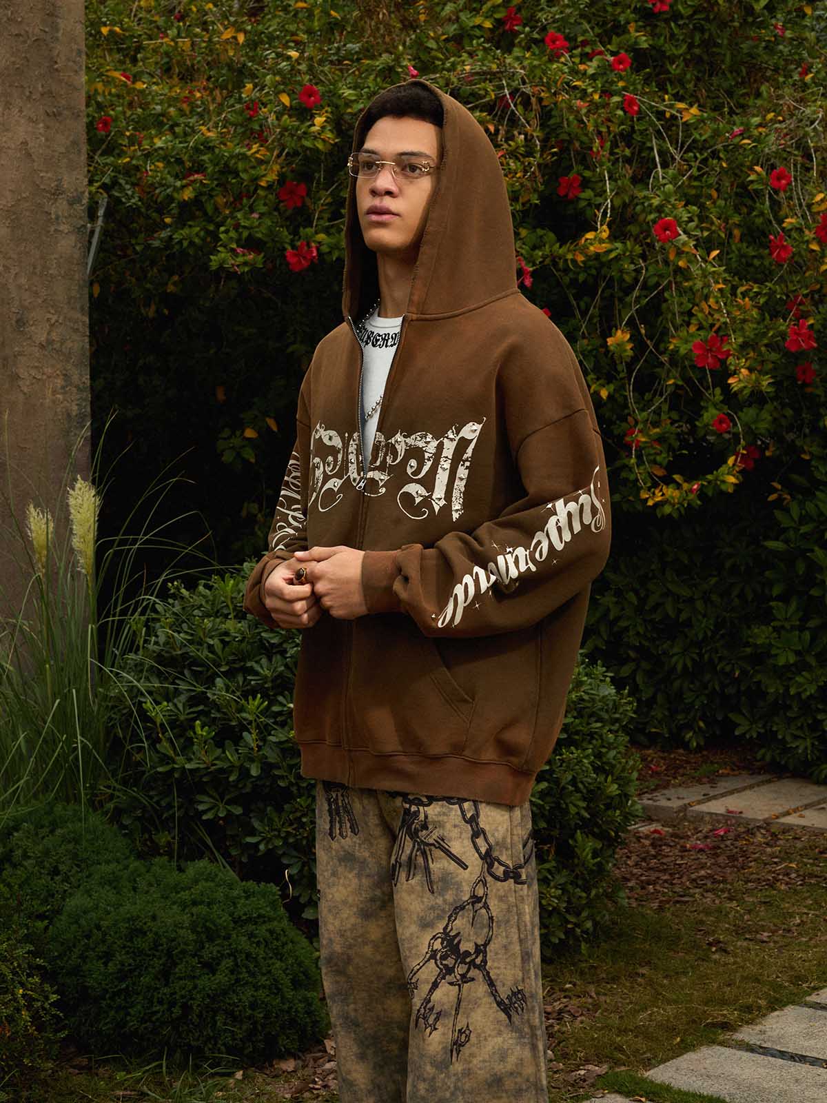 Supermade Vintage Distressed Studded Gothic Font Zipper Sweatshirt 