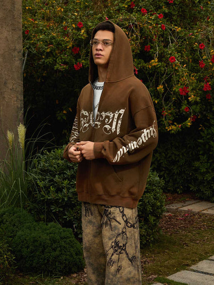 Supermade Vintage Distressed Studded Gothic Font Zipper Sweatshirt 